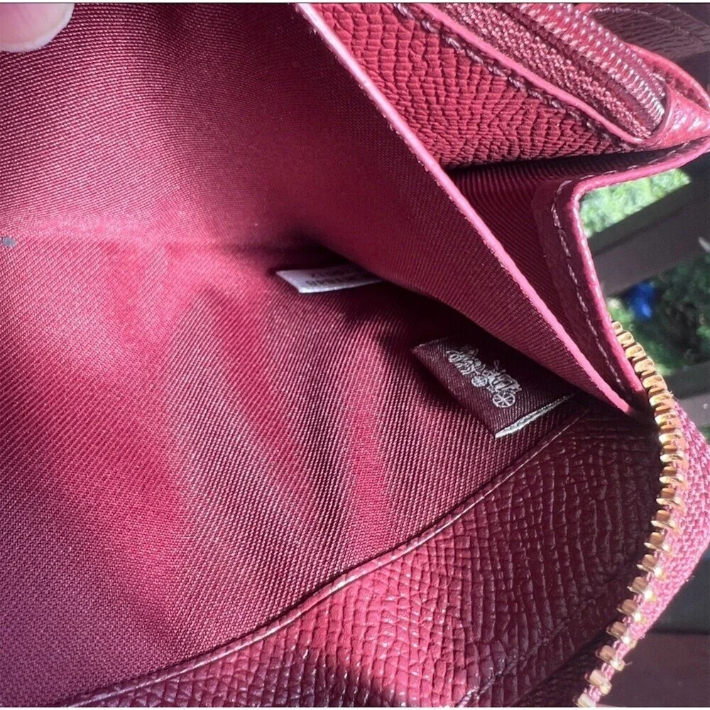 COACH Long Zip-Around Burgundy Pebble Leather Wallet w Gold Hardware AUTHENTIC
